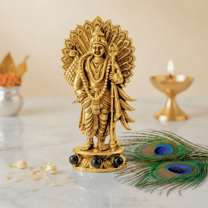 Gold Plated Lord Murugan with Peacock Idol